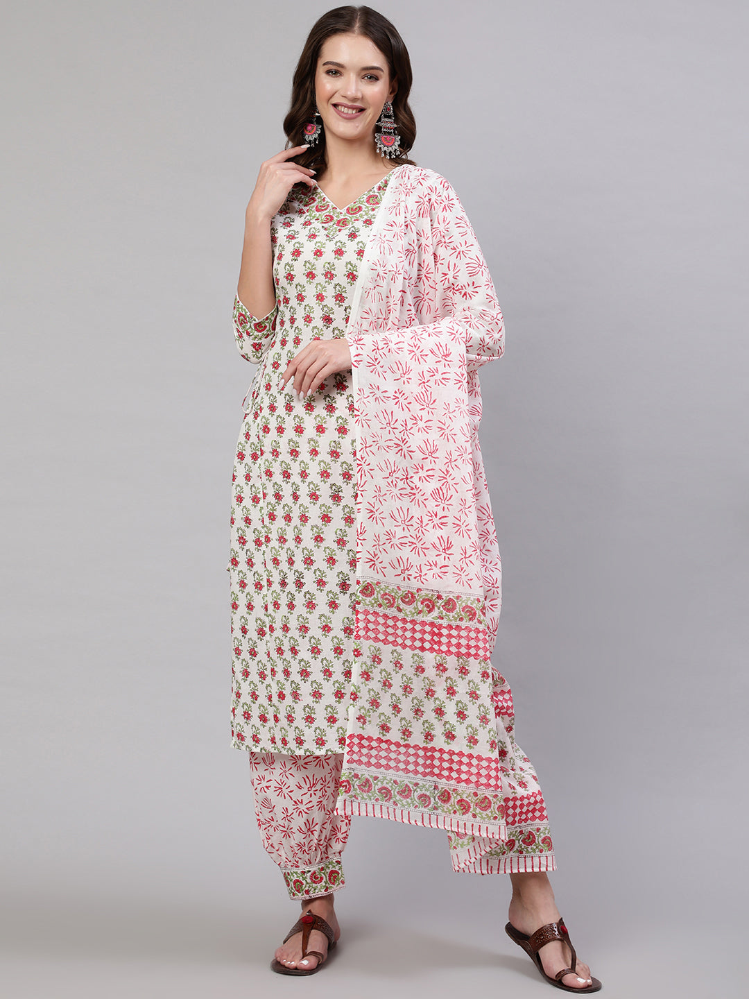 Cotton Printed Calf Length Straight 3/4 Sleeve Round Neck Kurta, Pants With Dupatta Set