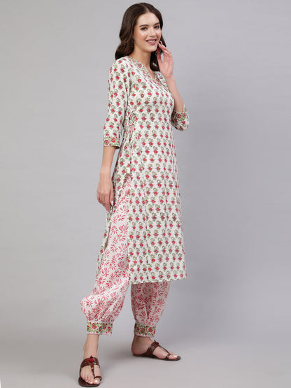 Cotton Printed Calf Length Straight 3/4 Sleeve Round Neck Kurta, Pants With Dupatta Set