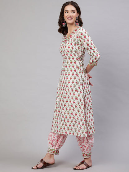 Cotton Printed Calf Length Straight 3/4 Sleeve Round Neck Kurta, Pants With Dupatta Set