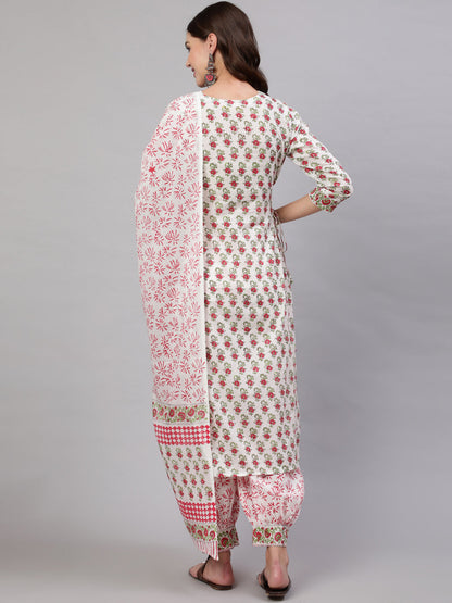 Cotton Printed Calf Length Straight 3/4 Sleeve Round Neck Kurta, Pants With Dupatta Set