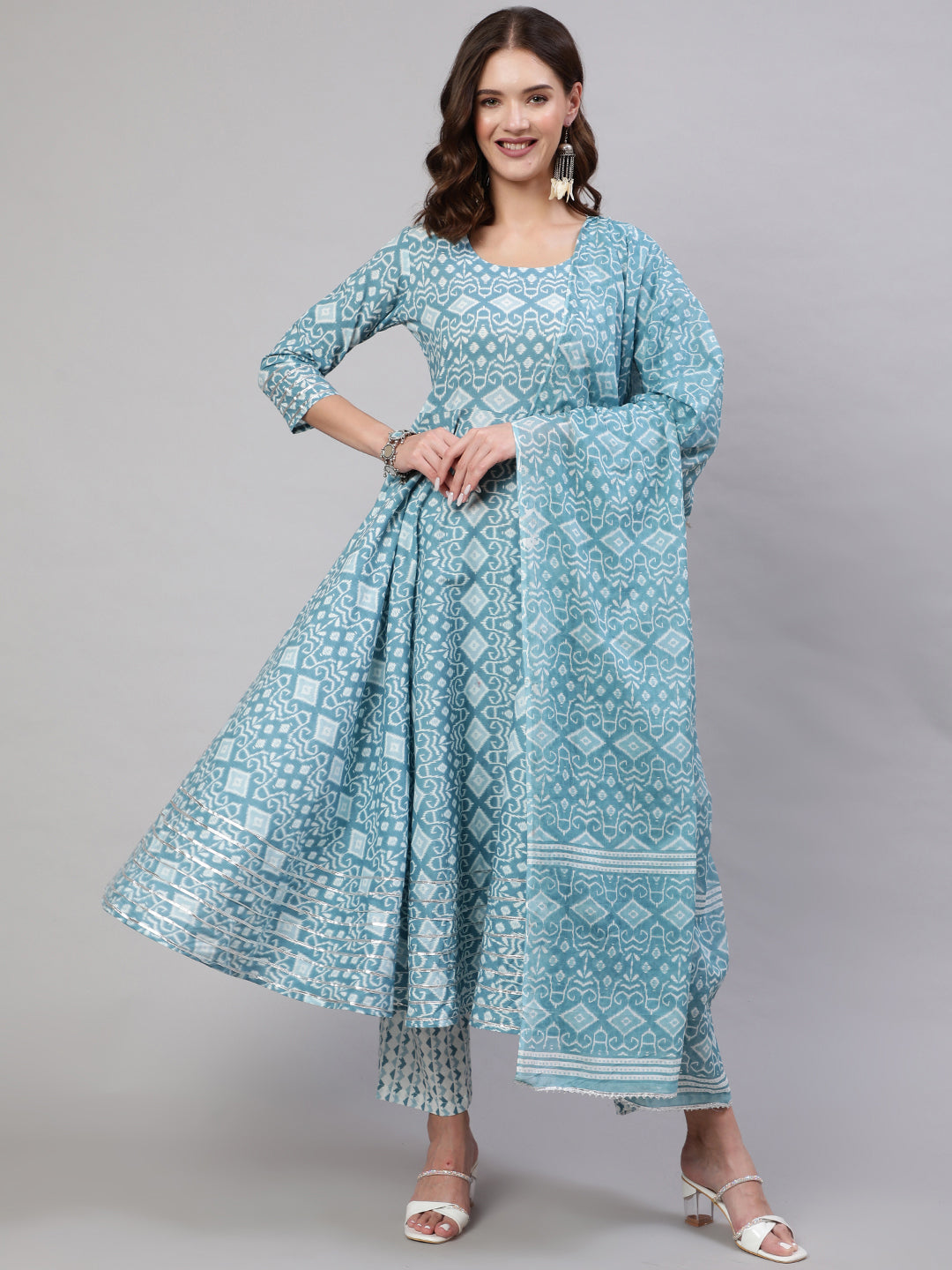 Cotton Printed Ankle Length Flared 3/4 Sleeve Round Neck Kurta, Pants With Dupatta Set