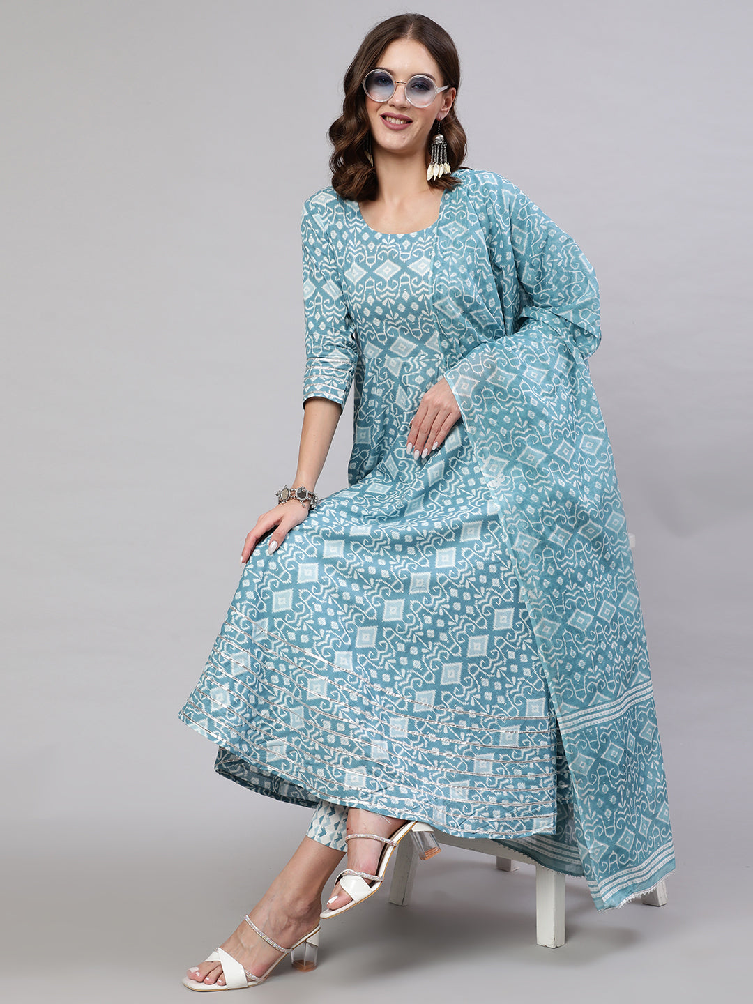 Cotton Printed Ankle Length Flared 3/4 Sleeve Round Neck Kurta, Pants With Dupatta Set