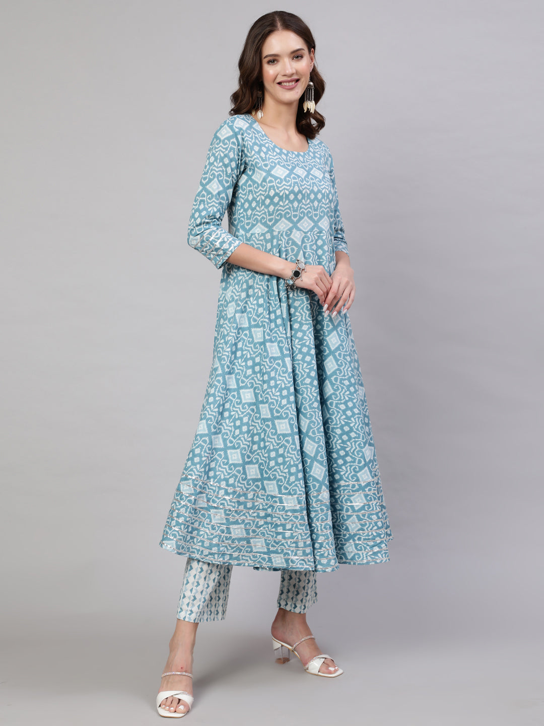 Cotton Printed Ankle Length Flared 3/4 Sleeve Round Neck Kurta, Pants With Dupatta Set