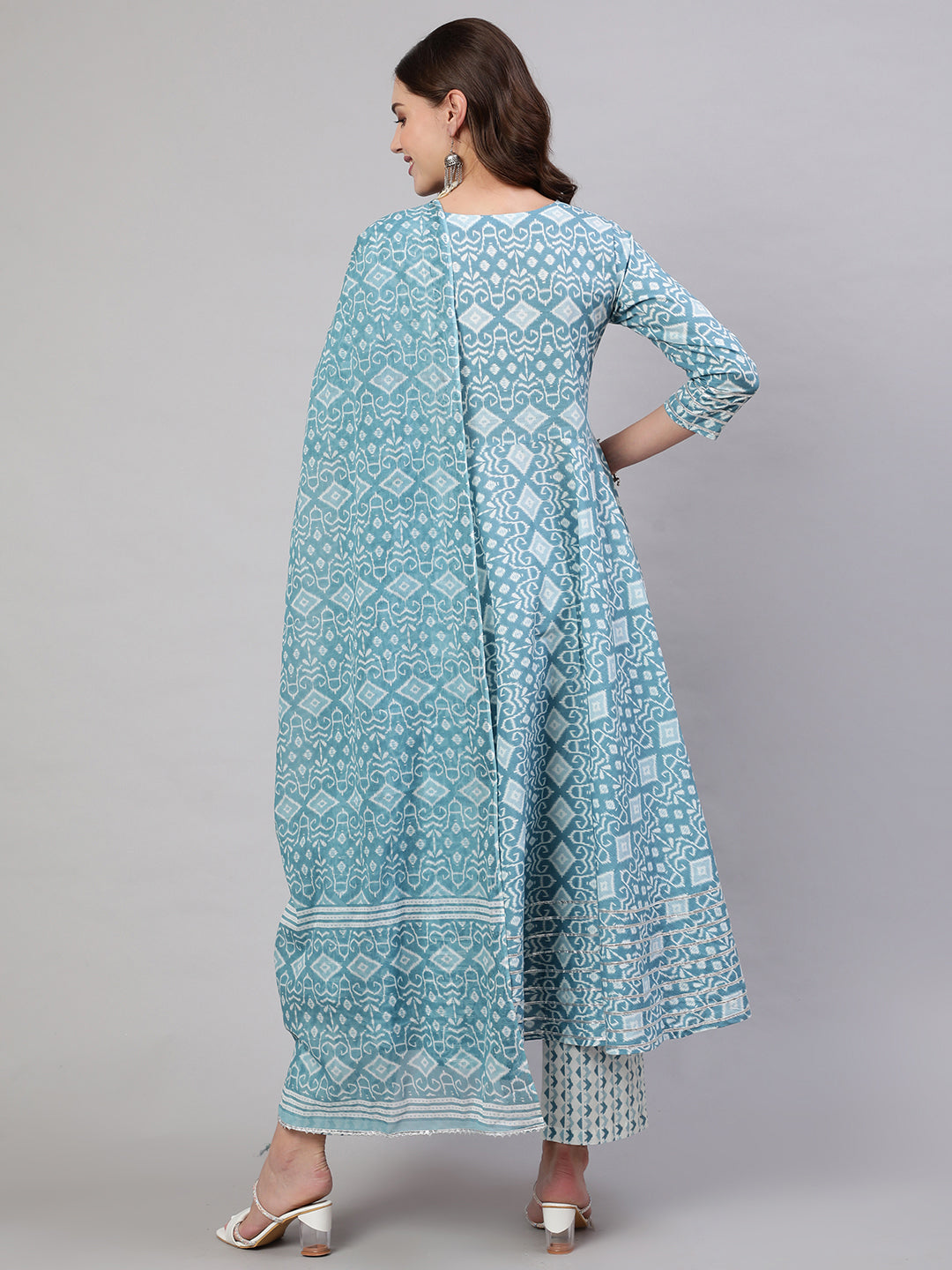 Cotton Printed Ankle Length Flared 3/4 Sleeve Round Neck Kurta, Pants With Dupatta Set