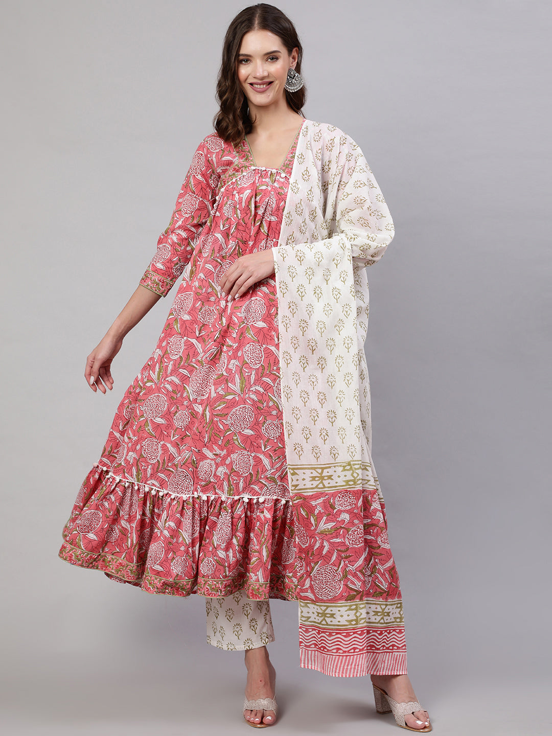 Cotton Printed Ankle Length Flared 3/4 Sleeve V Neck Kurta, Pants With Dupatta Set