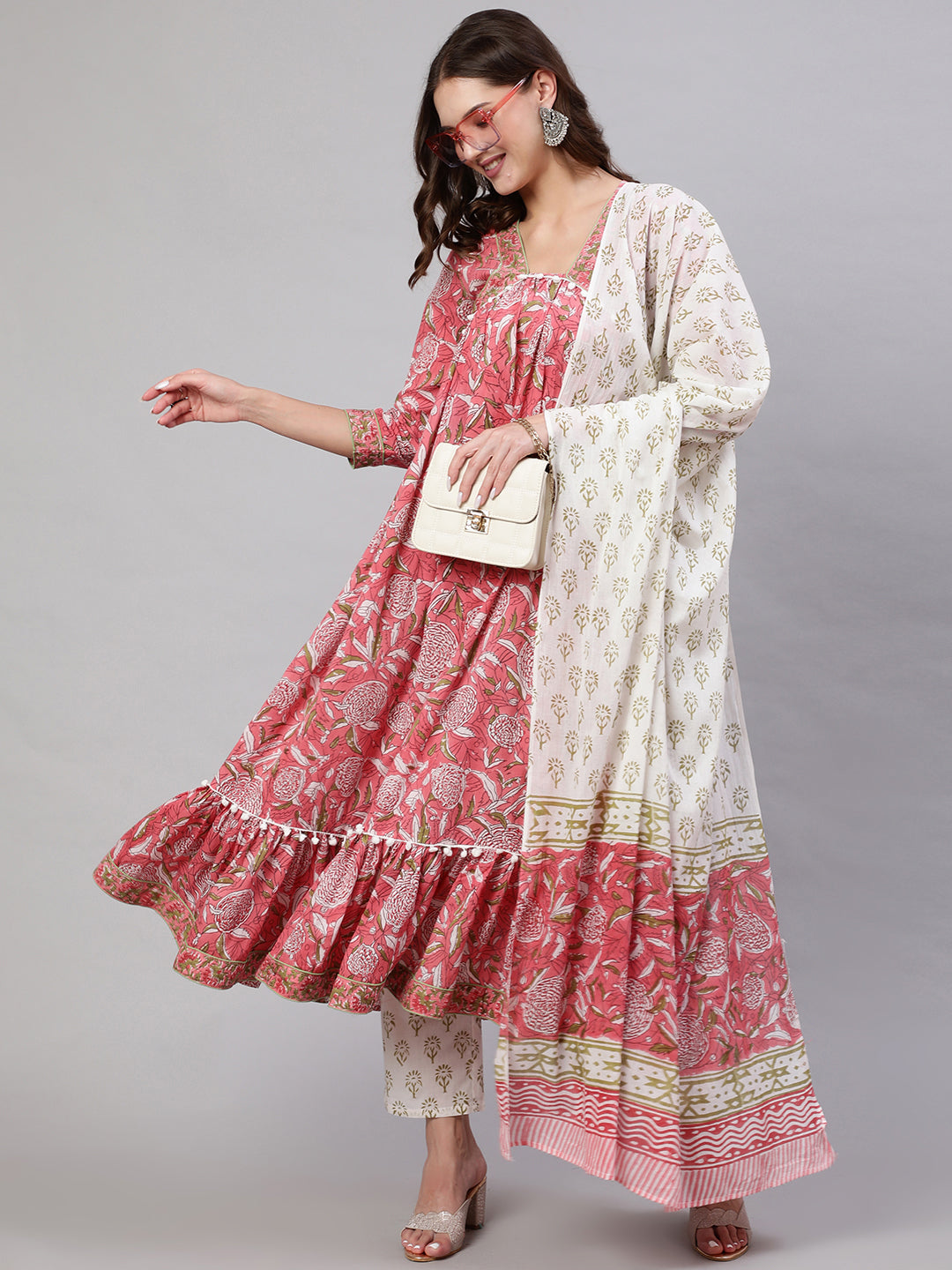 Cotton Printed Ankle Length Flared 3/4 Sleeve V Neck Kurta, Pants With Dupatta Set