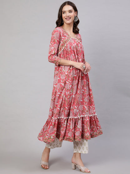 Cotton Printed Ankle Length Flared 3/4 Sleeve V Neck Kurta, Pants With Dupatta Set