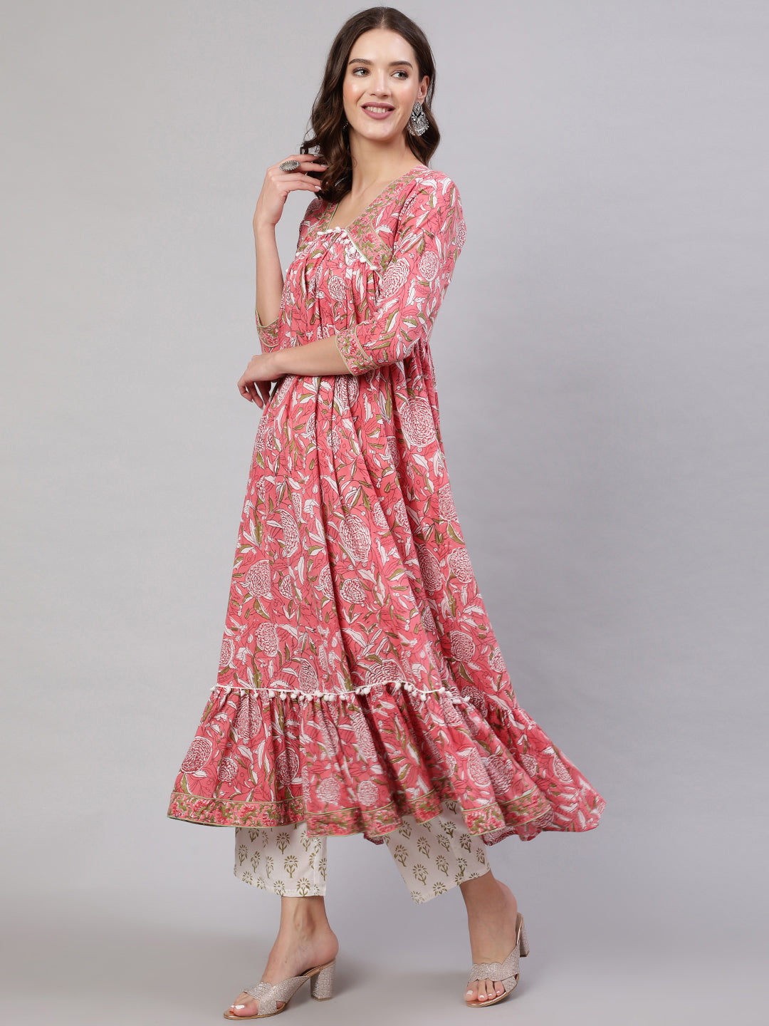 Cotton Printed Ankle Length Flared 3/4 Sleeve V Neck Kurta, Pants With Dupatta Set