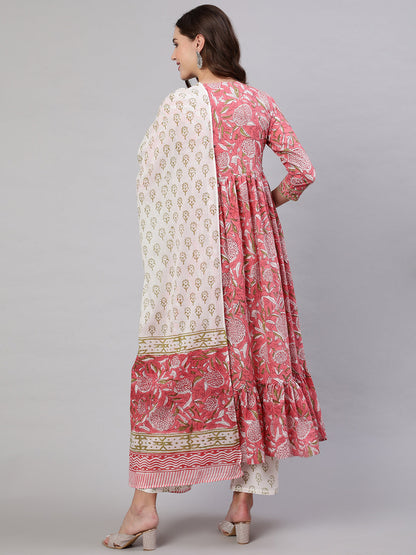 Cotton Printed Ankle Length Flared 3/4 Sleeve V Neck Kurta, Pants With Dupatta Set