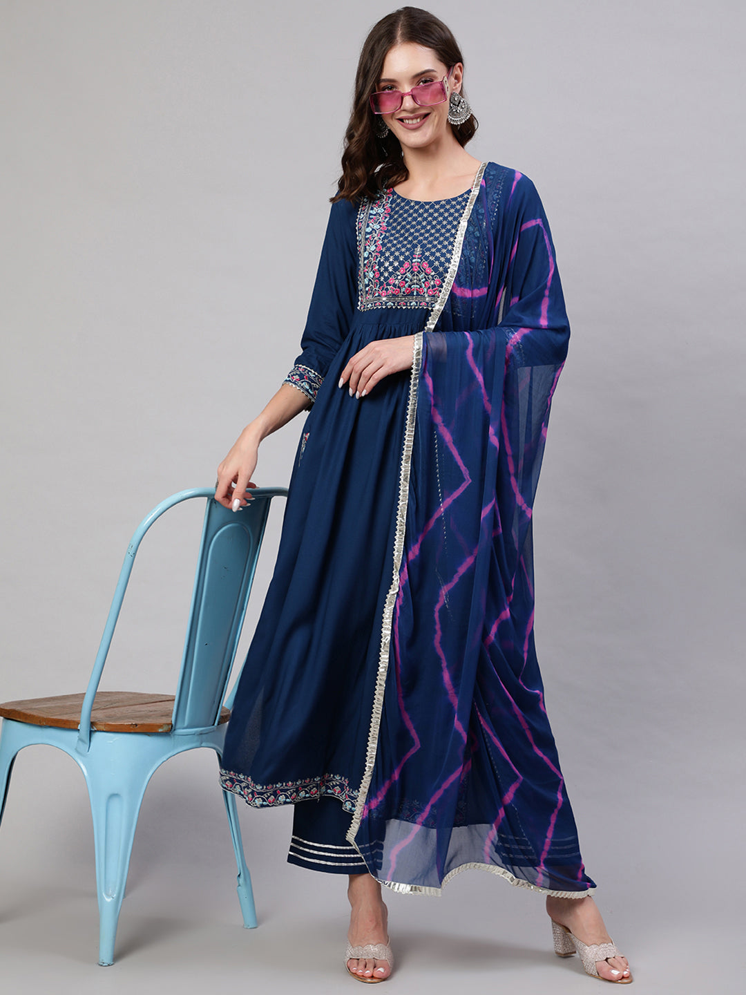 Rayon Dyed Embroidered Ankle Length Flared 3/4 Sleeve Round Neck Kurta, Pants With Dupatta Set