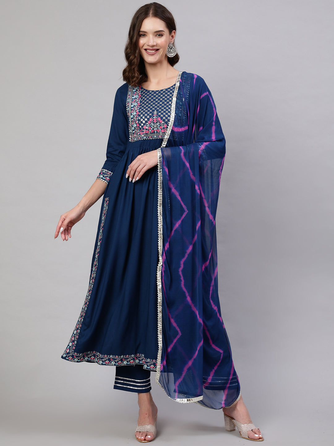 Rayon Dyed Embroidered Ankle Length Flared 3/4 Sleeve Round Neck Kurta, Pants With Dupatta Set