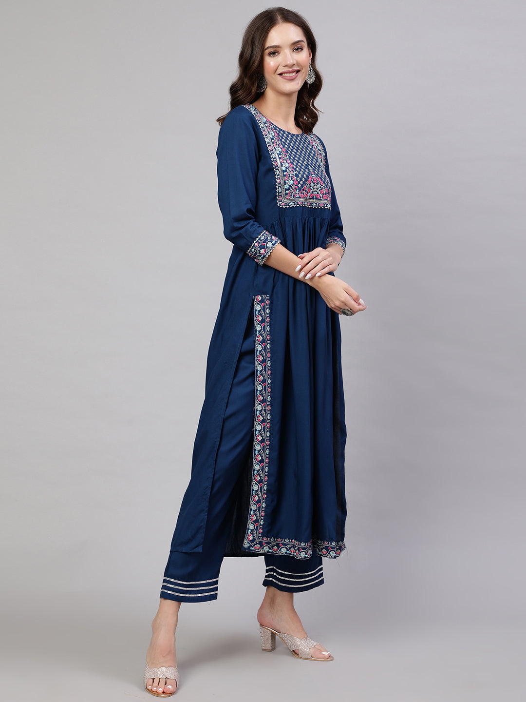 Rayon Dyed Embroidered Ankle Length Flared 3/4 Sleeve Round Neck Kurta, Pants With Dupatta Set