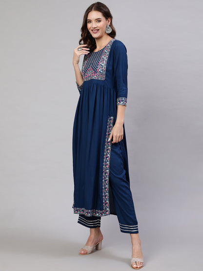 Rayon Dyed Embroidered Ankle Length Flared 3/4 Sleeve Round Neck Kurta, Pants With Dupatta Set