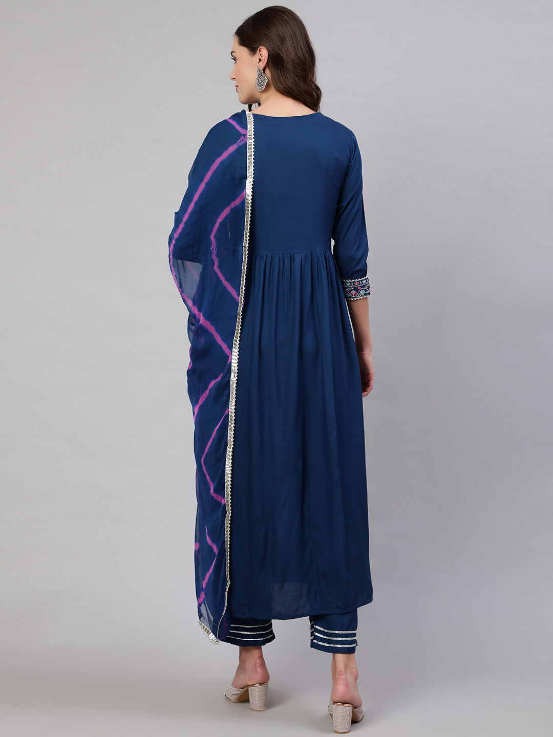 Rayon Dyed Embroidered Ankle Length Flared 3/4 Sleeve Round Neck Kurta, Pants With Dupatta Set