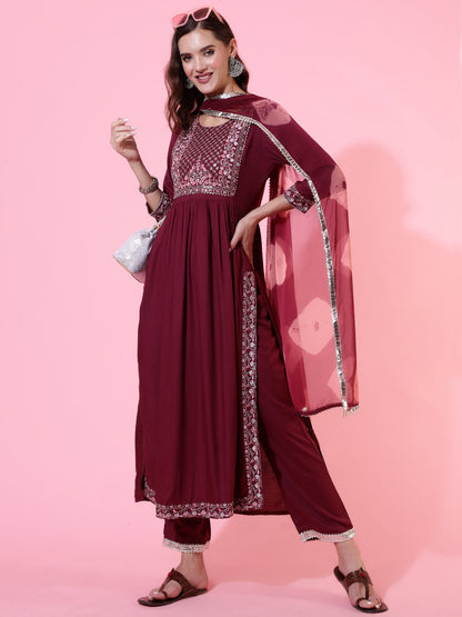 Rayon Dyed Embroidered Ankle Length Flared 3/4 Sleeve Round Neck Kurta, Pants With Dupatta Set