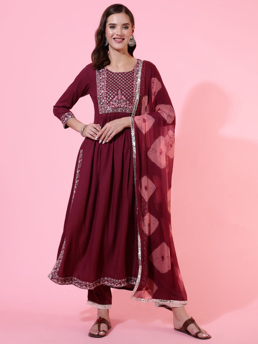 Rayon Dyed Embroidered Ankle Length Flared 3/4 Sleeve Round Neck Kurta, Pants With Dupatta Set