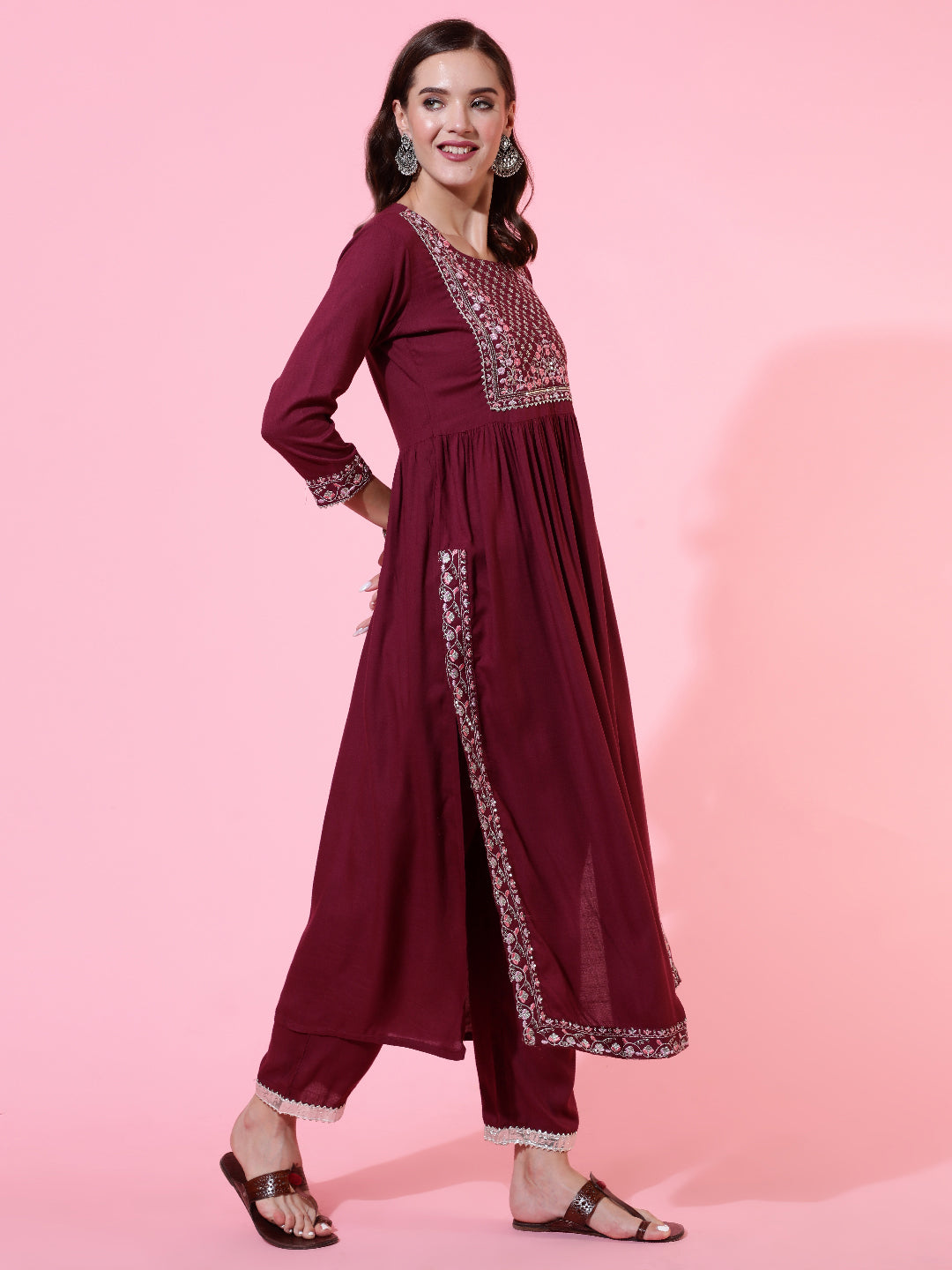 Rayon Dyed Embroidered Ankle Length Flared 3/4 Sleeve Round Neck Kurta, Pants With Dupatta Set