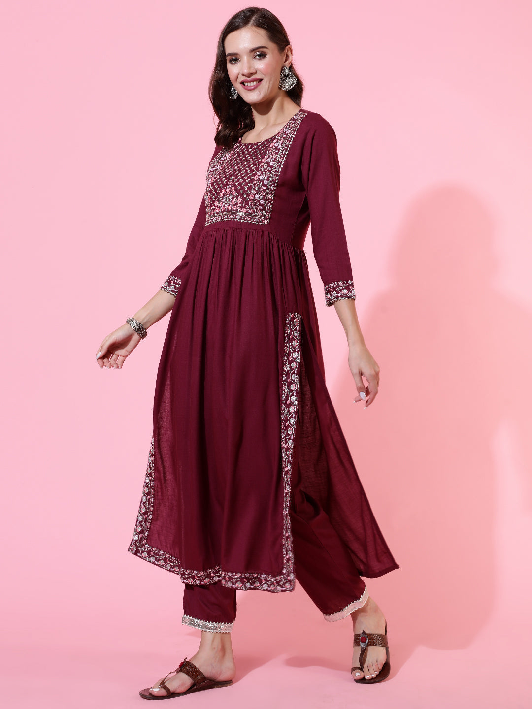 Rayon Dyed Embroidered Ankle Length Flared 3/4 Sleeve Round Neck Kurta, Pants With Dupatta Set