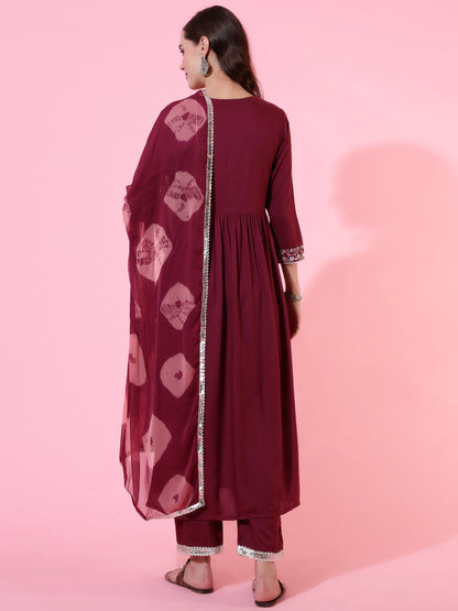 Rayon Dyed Embroidered Ankle Length Flared 3/4 Sleeve Round Neck Kurta, Pants With Dupatta Set