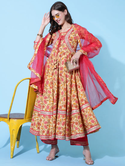 Rayon Printed Ankle Length Flared 3/4 Sleeve Round Neck Kurta, Pants With Dupatta Set