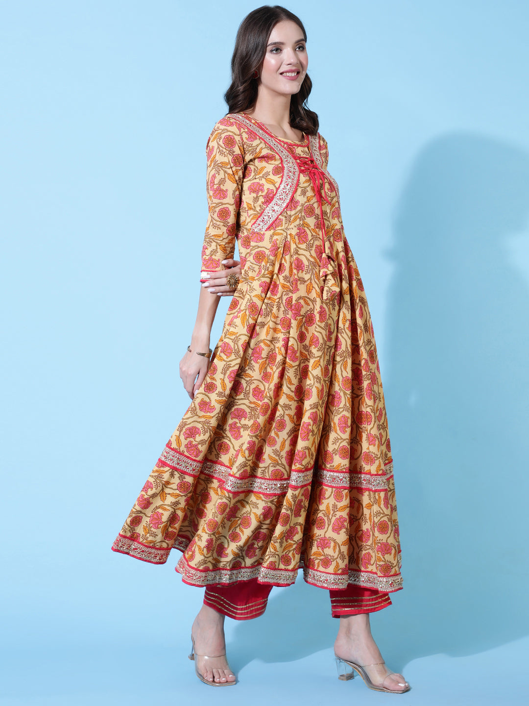 Rayon Printed Ankle Length Flared 3/4 Sleeve Round Neck Kurta, Pants With Dupatta Set