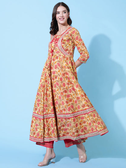 Rayon Printed Ankle Length Flared 3/4 Sleeve Round Neck Kurta, Pants With Dupatta Set