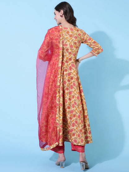 Rayon Printed Ankle Length Flared 3/4 Sleeve Round Neck Kurta, Pants With Dupatta Set