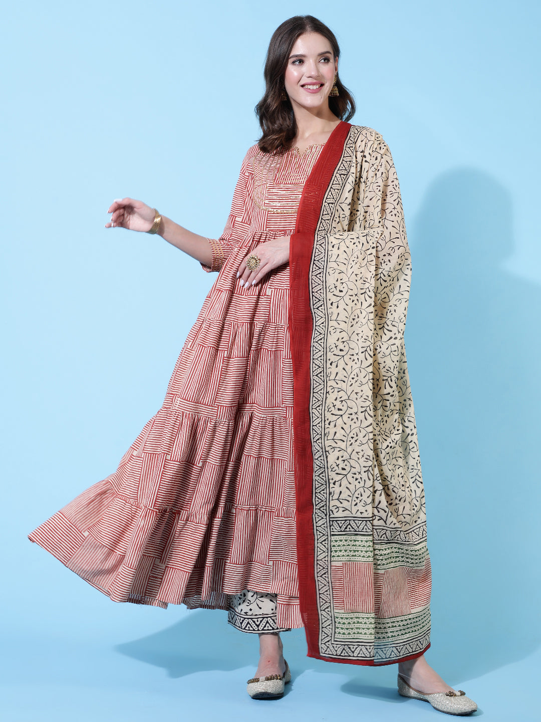 Rayon Printed Ankle Length Flared 3/4 Sleeve Round Neck Kurta, Pants With Dupatta Set