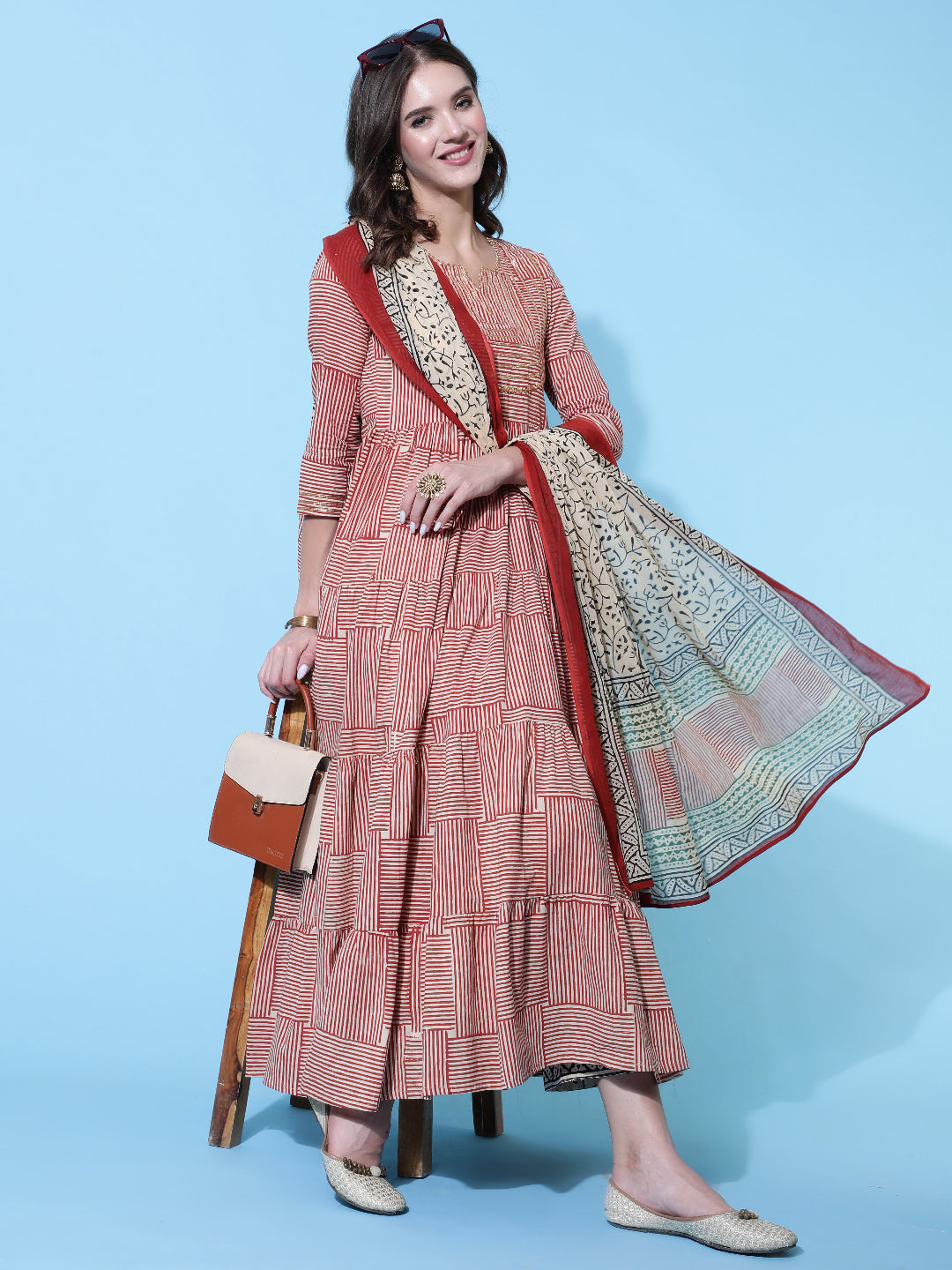 Rayon Printed Ankle Length Flared 3/4 Sleeve Round Neck Kurta, Pants With Dupatta Set