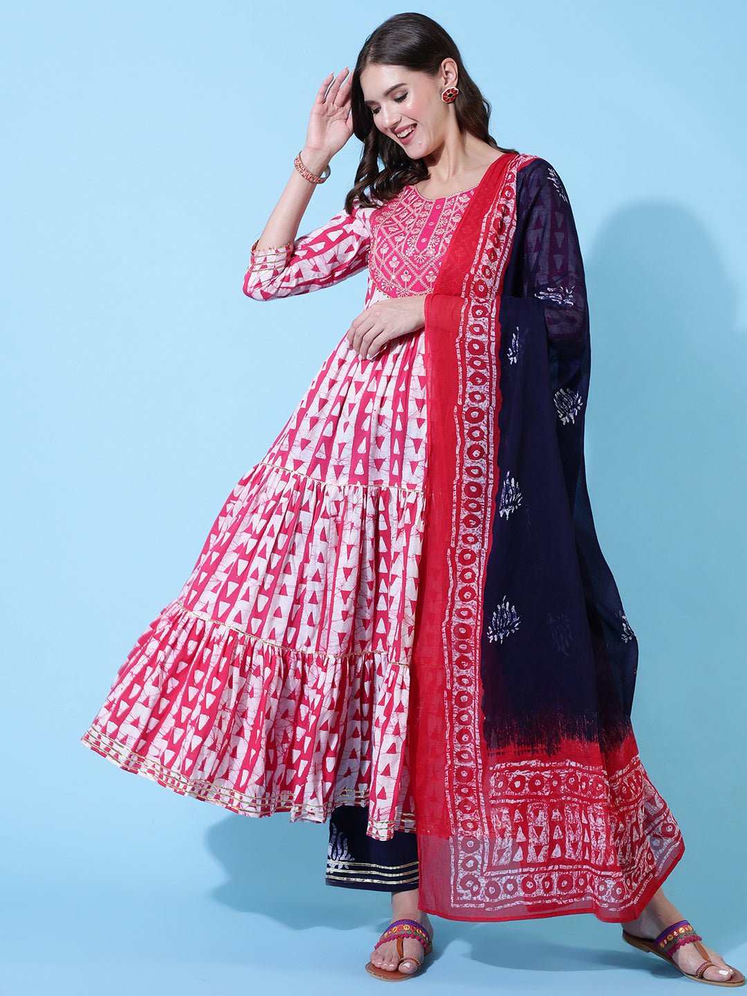 Rayon Printed Embroidered Ankle Length Flared 3/4 Sleeve Round Neck Kurta, Pants With Dupatta Set