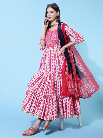 Rayon Printed Embroidered Ankle Length Flared 3/4 Sleeve Round Neck Kurta, Pants With Dupatta Set