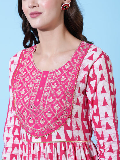 Rayon Printed Embroidered Ankle Length Flared 3/4 Sleeve Round Neck Kurta, Pants With Dupatta Set