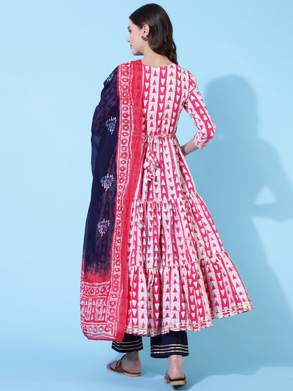 Rayon Printed Embroidered Ankle Length Flared 3/4 Sleeve Round Neck Kurta, Pants With Dupatta Set