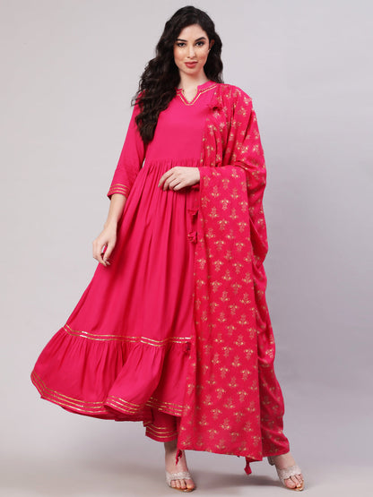 Rayon Printed Ankle Length Flared 3/4 Sleeve Round Neck Kurta, Pants With Dupatta Set