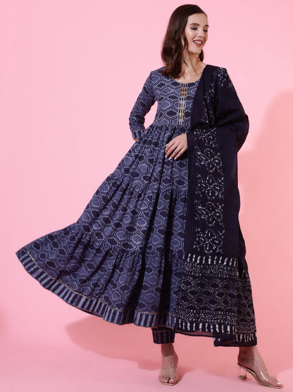 Rayon Printed Ankle Length Flared 3/4 Sleeve Round Neck Kurta, Pants With Dupatta Set