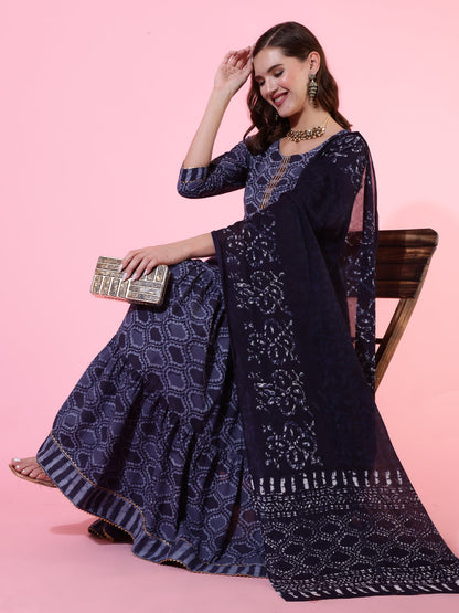 Rayon Printed Ankle Length Flared 3/4 Sleeve Round Neck Kurta, Pants With Dupatta Set