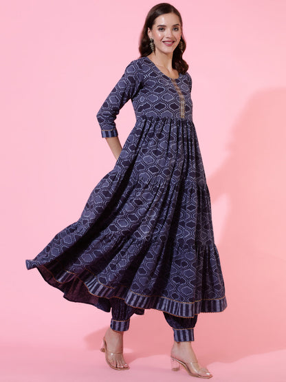 Rayon Printed Ankle Length Flared 3/4 Sleeve Round Neck Kurta, Pants With Dupatta Set