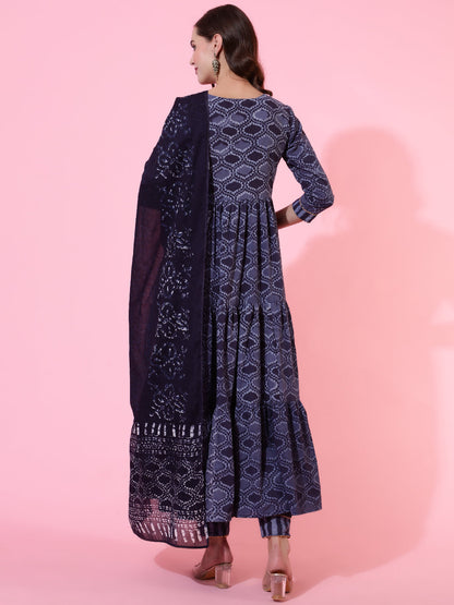 Rayon Printed Ankle Length Flared 3/4 Sleeve Round Neck Kurta, Pants With Dupatta Set