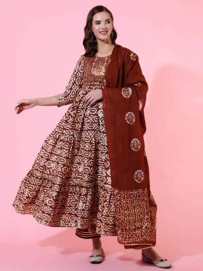 Rayon Printed Embroidered Ankle Length Flared 3/4 Sleeve Round Neck Kurta, Pants With Dupatta Set