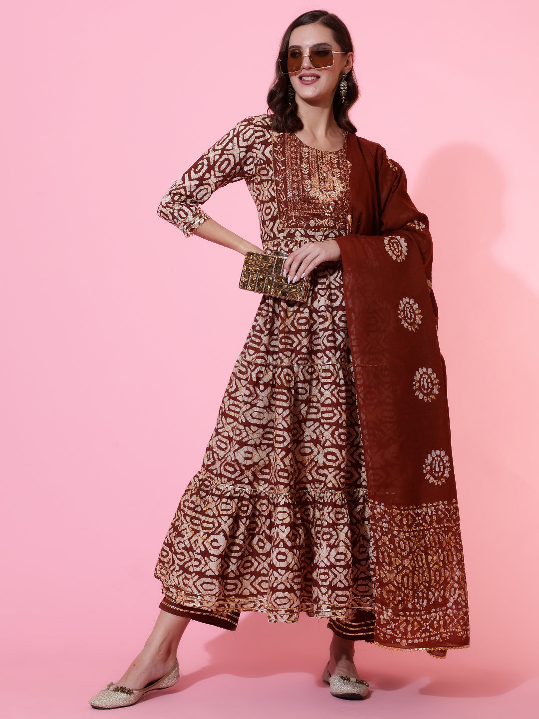 Rayon Printed Embroidered Ankle Length Flared 3/4 Sleeve Round Neck Kurta, Pants With Dupatta Set