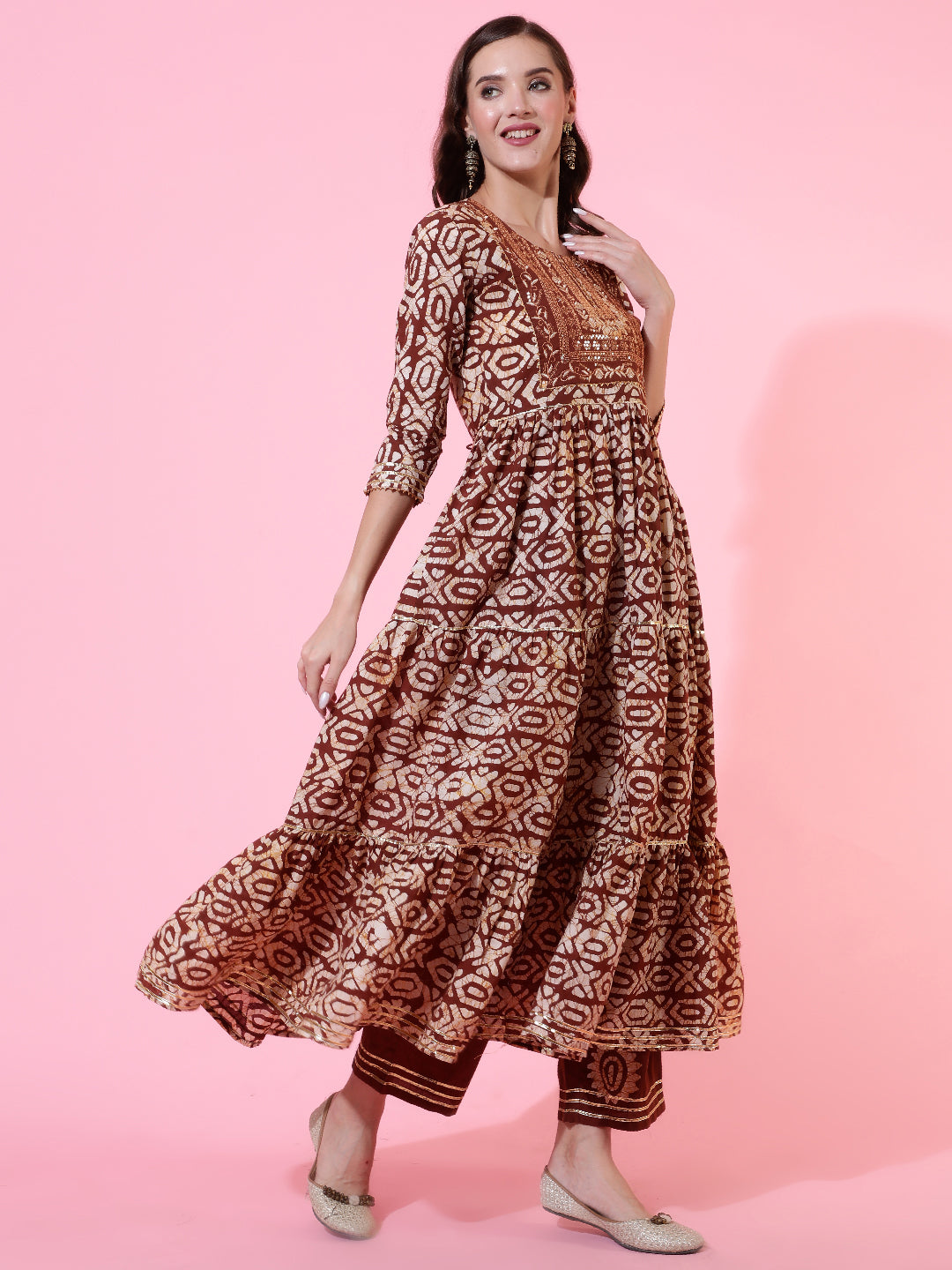 Rayon Printed Embroidered Ankle Length Flared 3/4 Sleeve Round Neck Kurta, Pants With Dupatta Set