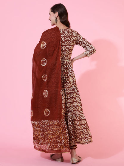 Rayon Printed Embroidered Ankle Length Flared 3/4 Sleeve Round Neck Kurta, Pants With Dupatta Set