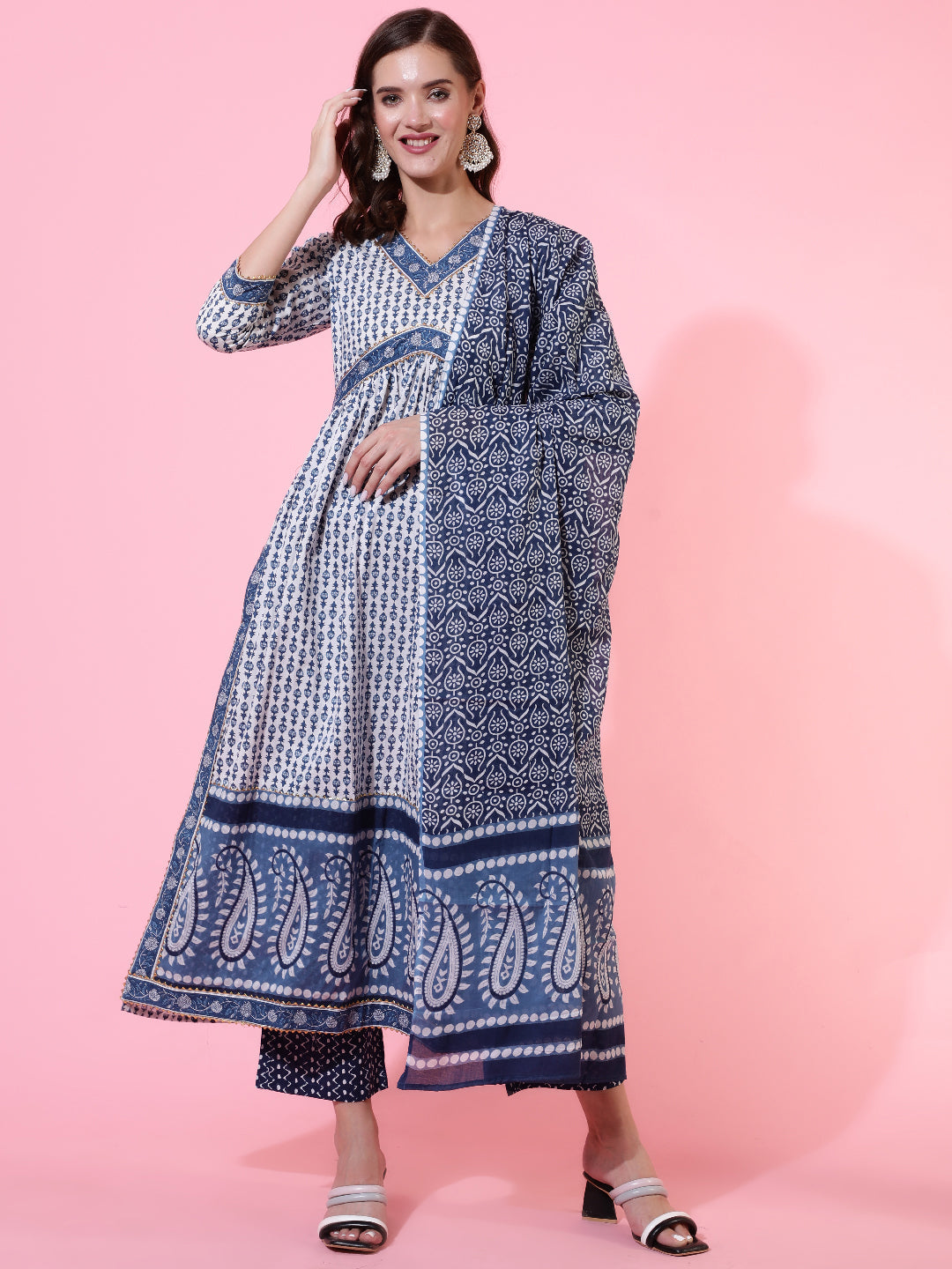 Cotton Printed Ankle Length Flared 3/4 Sleeve Round Neck Kurta, Pants With Dupatta Set