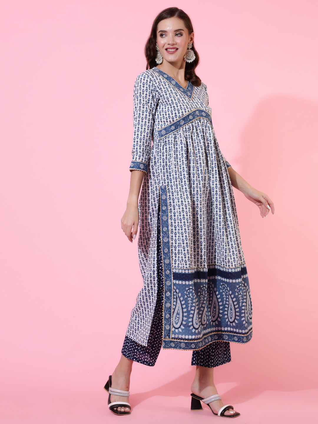 Cotton Printed Ankle Length Flared 3/4 Sleeve Round Neck Kurta, Pants With Dupatta Set