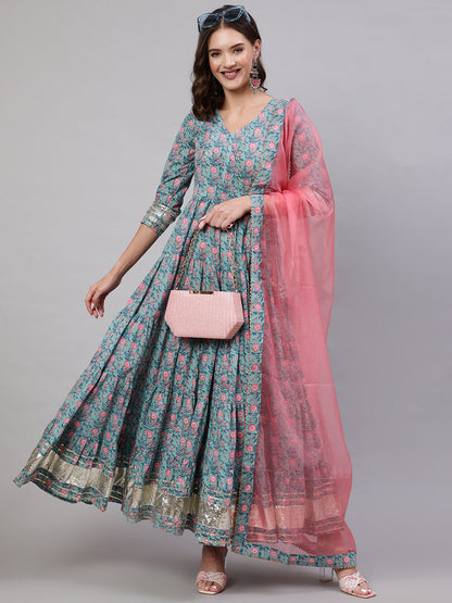 Rayon Printed Ankle Length Flared 3/4 Sleeve Round Neck Kurta With Dupatta Set