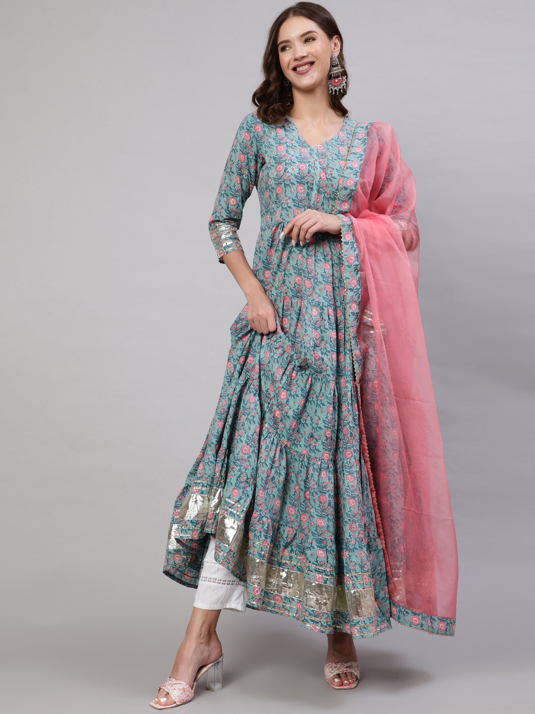 Rayon Printed Ankle Length Flared 3/4 Sleeve Round Neck Kurta With Dupatta Set