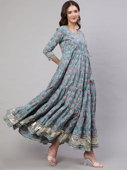 Rayon Printed Ankle Length Flared 3/4 Sleeve Round Neck Kurta With Dupatta Set