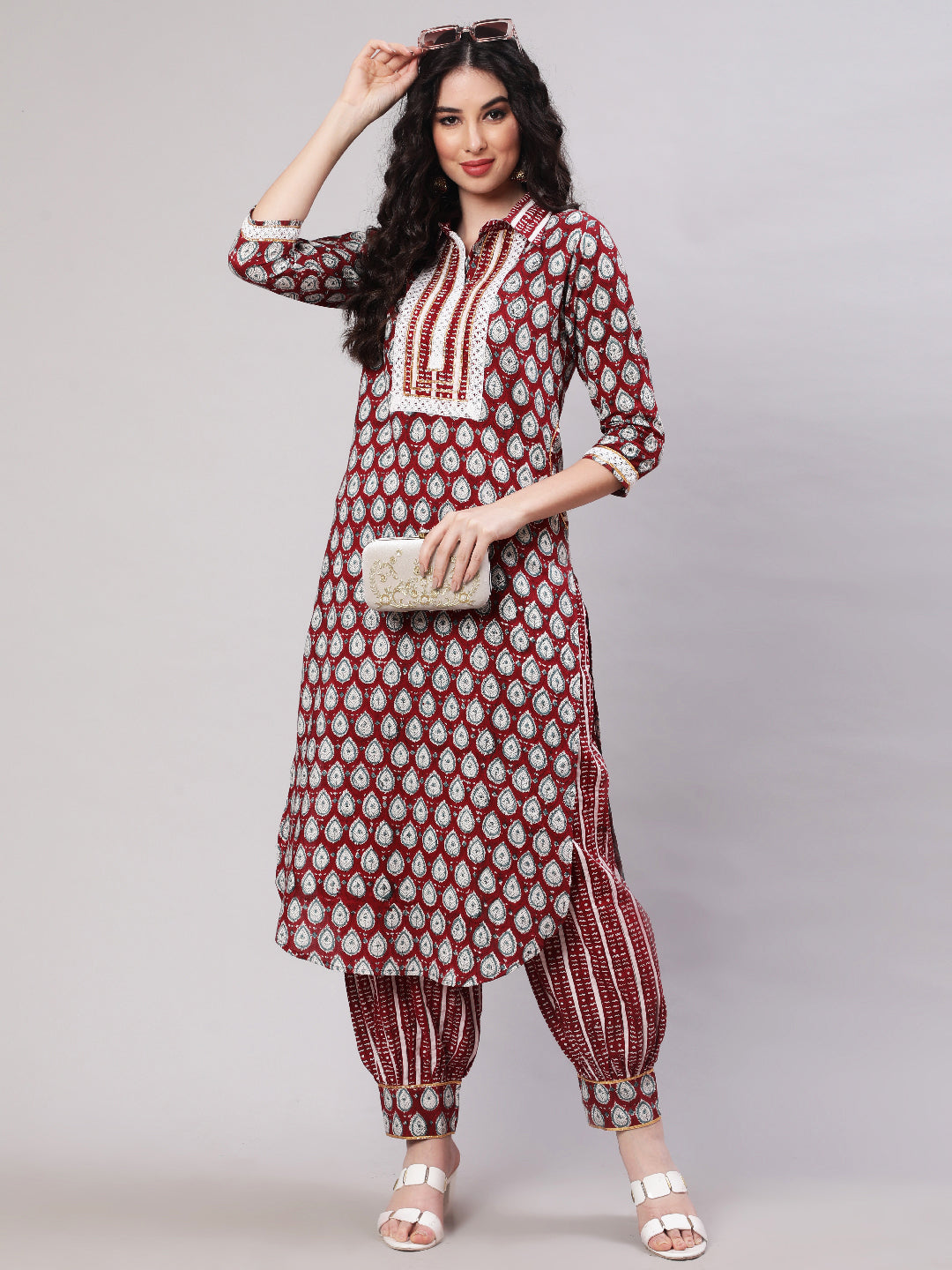 Rayon Printed Calf Length Straight 3/4 Sleeve Round Neck Kurta, Pants Set