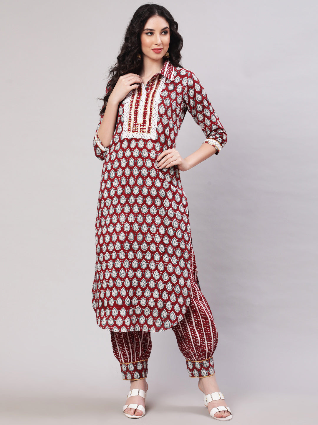 Rayon Printed Calf Length Straight 3/4 Sleeve Round Neck Kurta, Pants Set