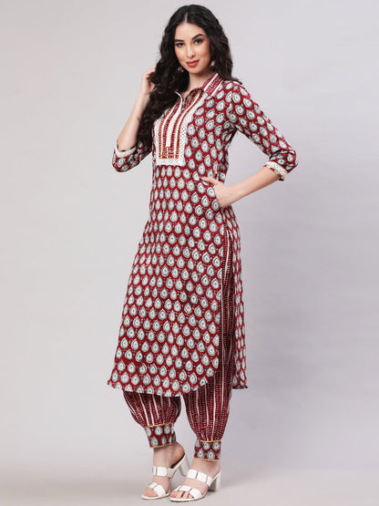 Rayon Printed Calf Length Straight 3/4 Sleeve Round Neck Kurta, Pants Set